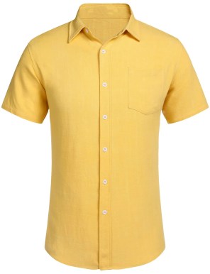 Mens-Yellow-Casual-Short-Sleeve-Linen-Shirt-1