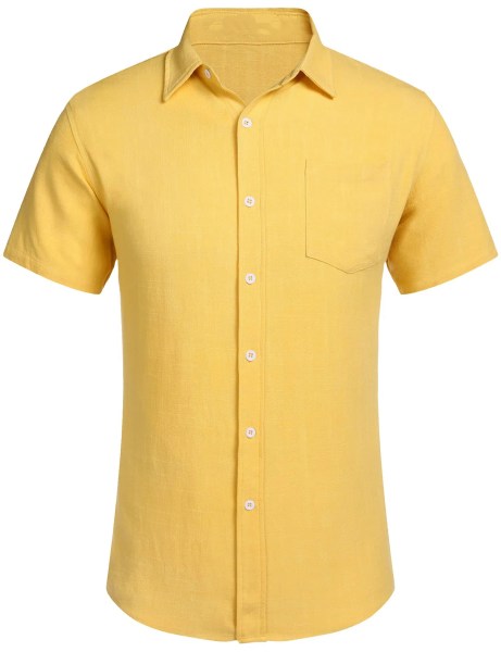 Mens-Yellow-Casual-Short-Sleeve-Linen-Shirt-1
